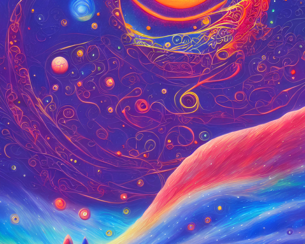 Colorful Psychedelic Space Artwork with Galaxies and Sun