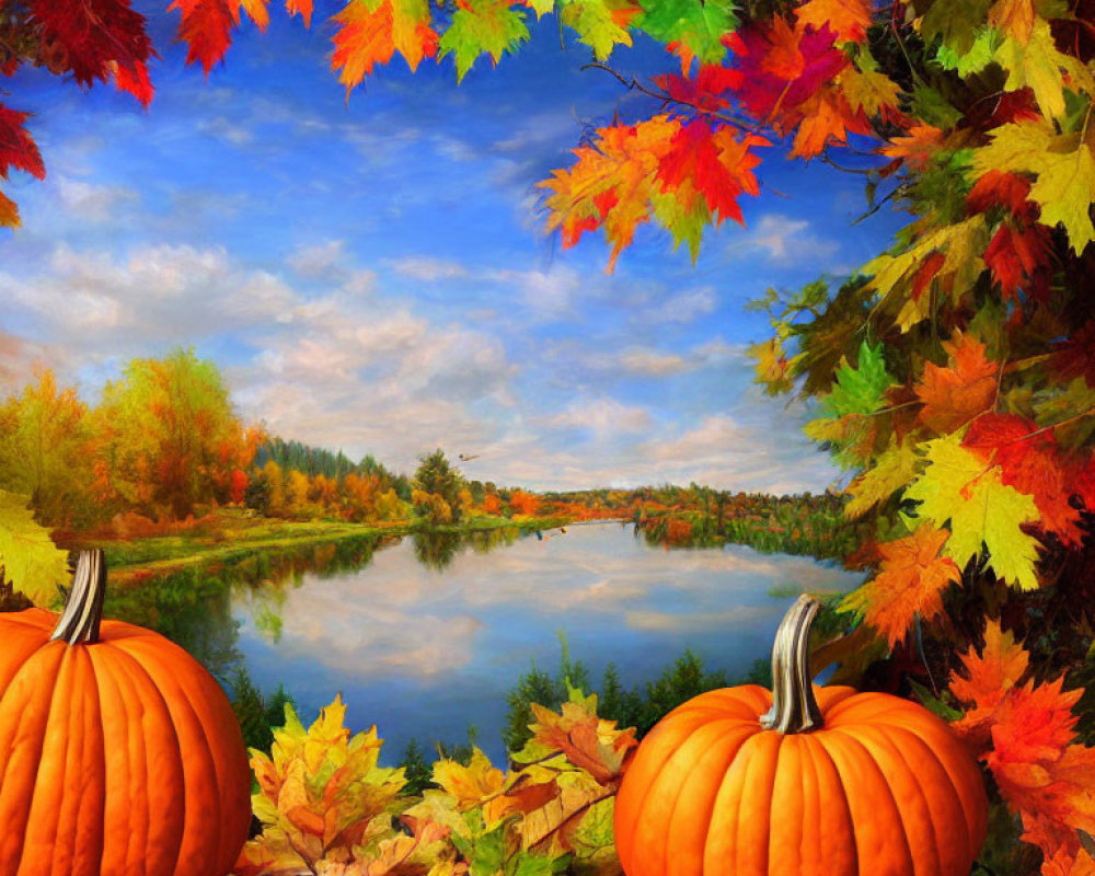 Autumn scene with pumpkins on riverbank and fall foliage.