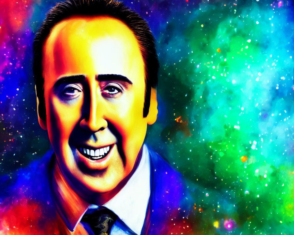 Colorful Psychedelic Portrait of Intense Man with Cosmic Background