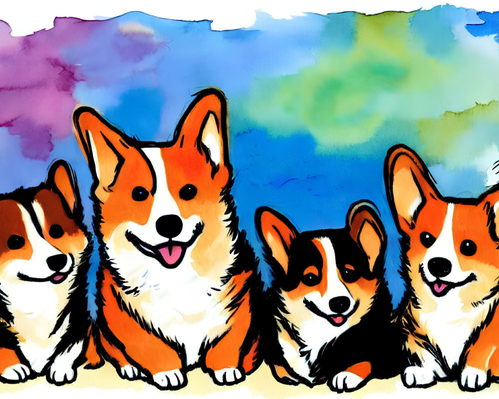 Four Cheerful Corgi Dogs Sitting in Row with Vibrant Background