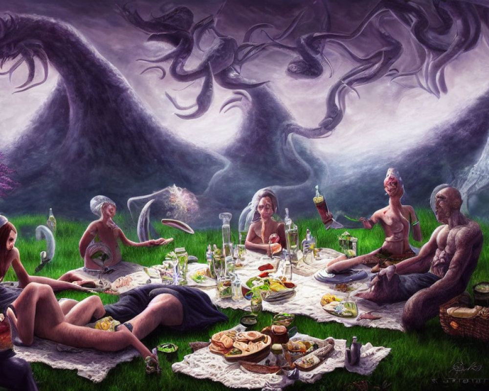 Six nude figures having a picnic in a meadow with a giant ethereal dragon in the sky