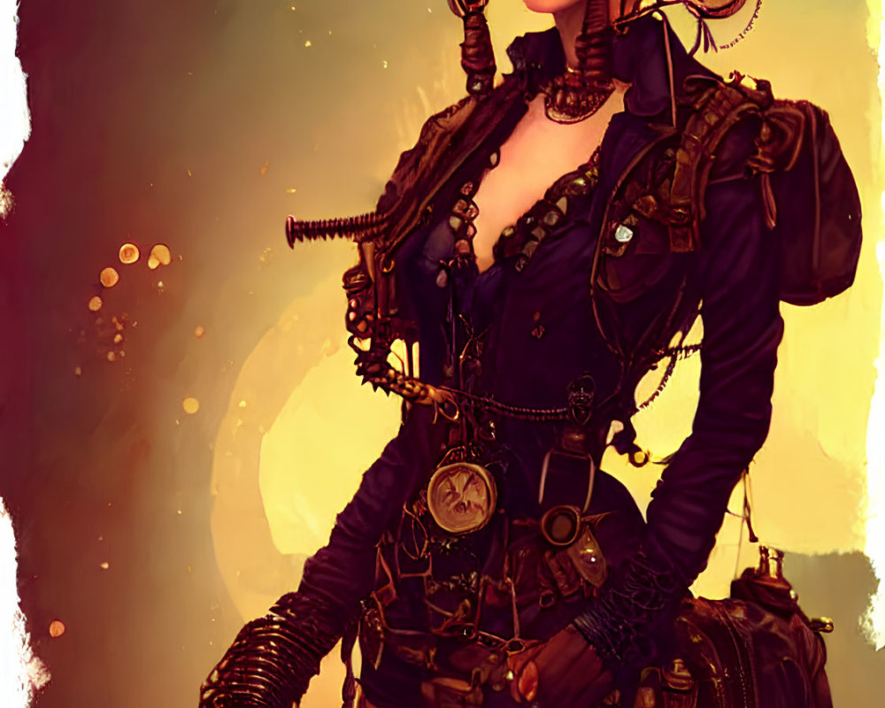 Steampunk illustration featuring person with mechanical arm and gear attire