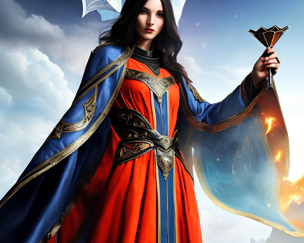 Majestic female figure in blue and red robe with golden staff against dramatic sky