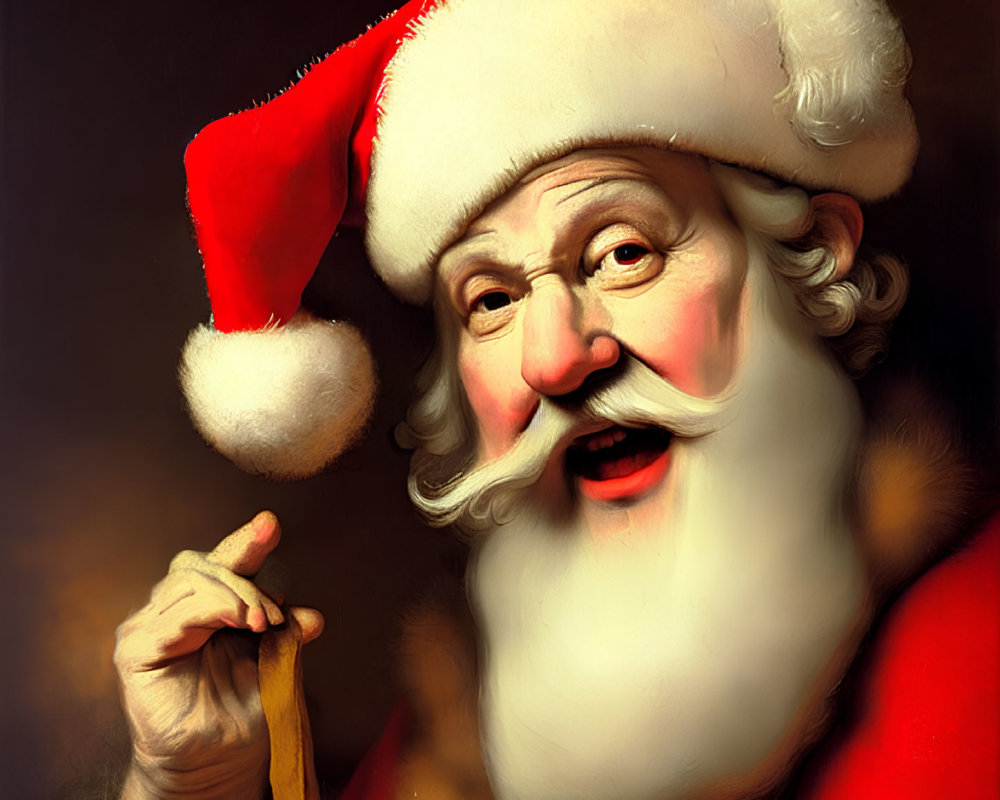 Bearded character in Santa hat holding spectacle frame