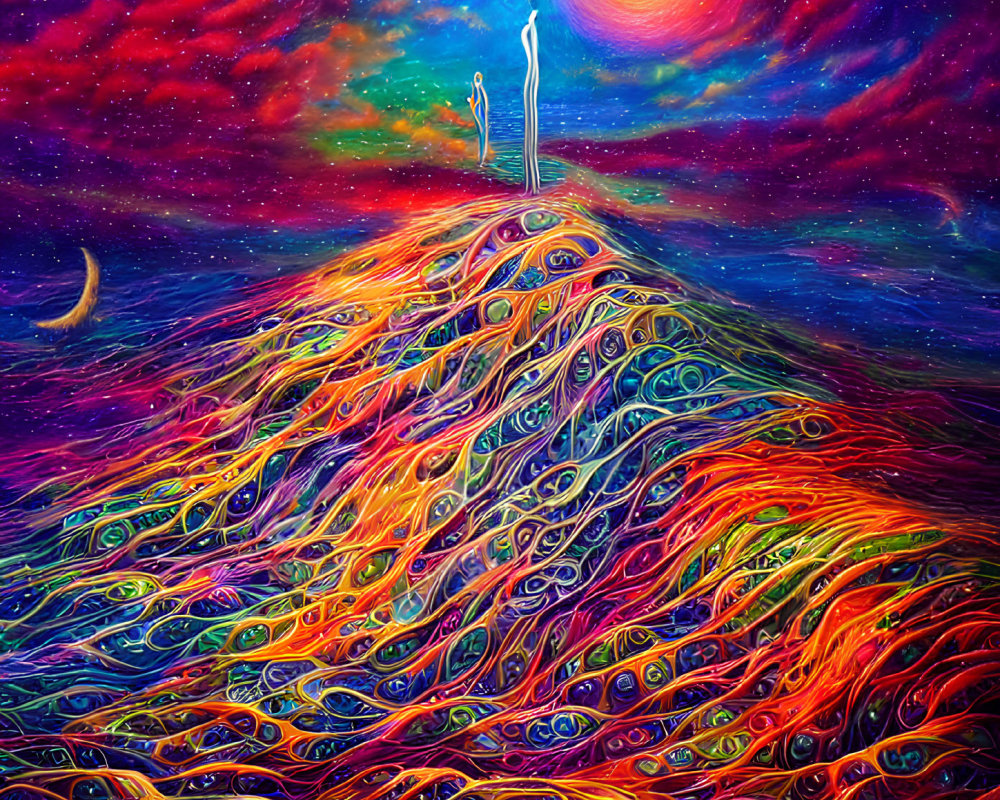 Colorful Psychedelic Artwork of Person on Swirling Hill Under Starry Sky