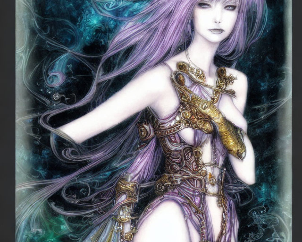 Ethereal figure in purple hair and golden armor against cosmic backdrop