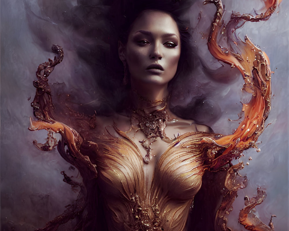 Elegant woman in melting golden gown against smoky backdrop