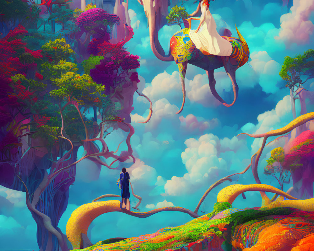 Fantastical landscape with giant elephant and colorful flora