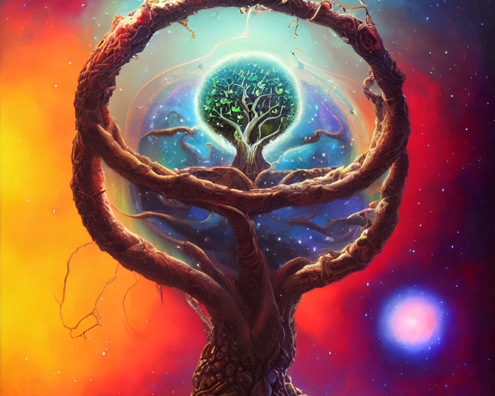 Mystical tree with cosmic backdrop and radiant star-filled circle