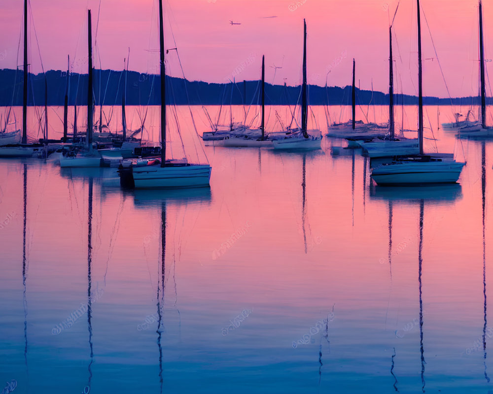 Sailboats moored on calm waters at dusk with purple and orange sky reflections