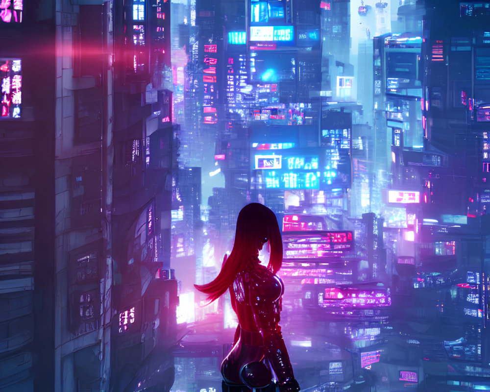 Futuristic suit overlooking neon-lit cityscape at night