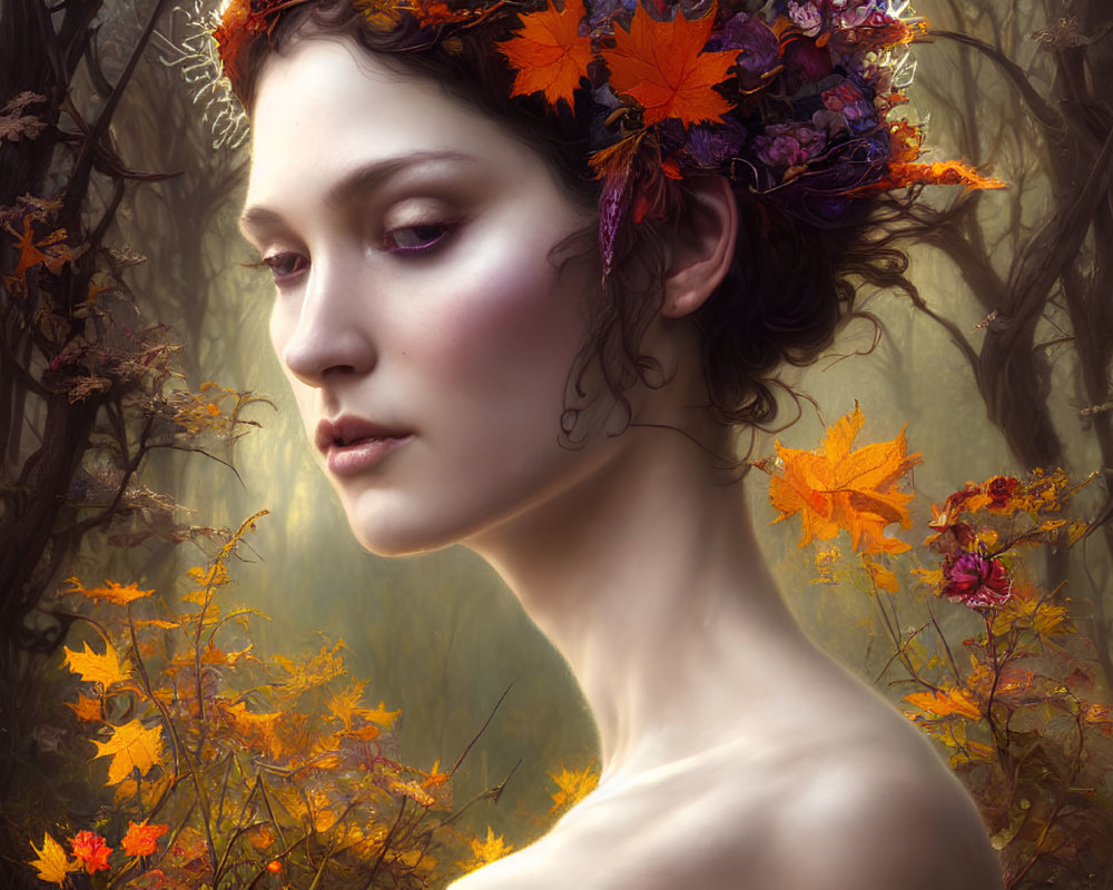 Woman with autumn leaf wreath in mystical forest setting