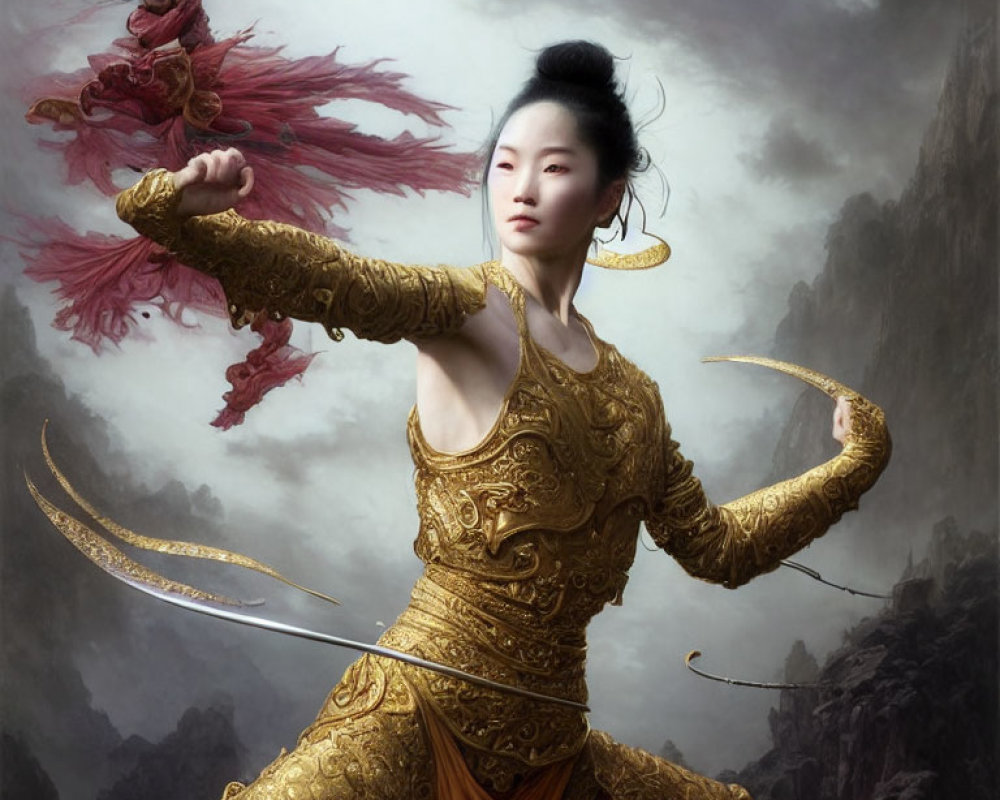 Woman in golden martial arts attire poses against mystical mountain backdrop