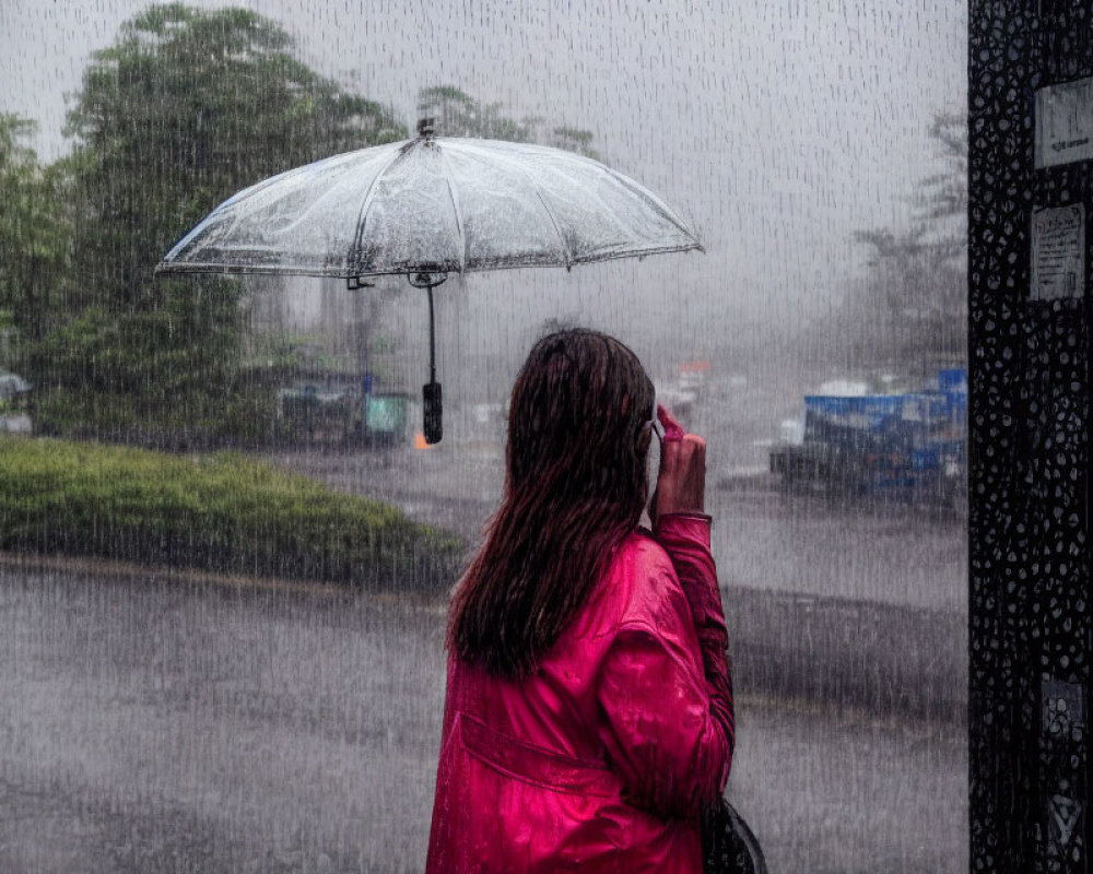 Woman in Pink Raincoat with Transparent Umbrella in Heavy Rain