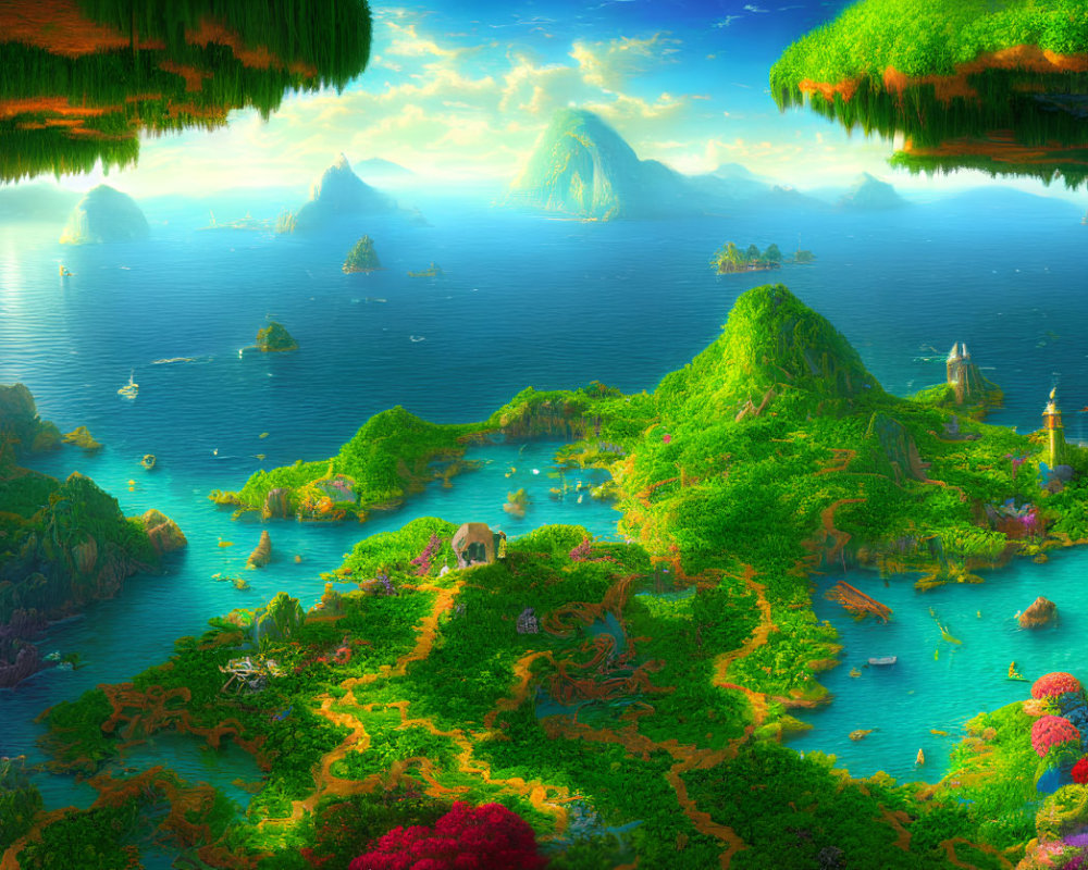 Fantasy landscape with lush islands, floating landmasses, diverse vegetation, and tranquil sea.