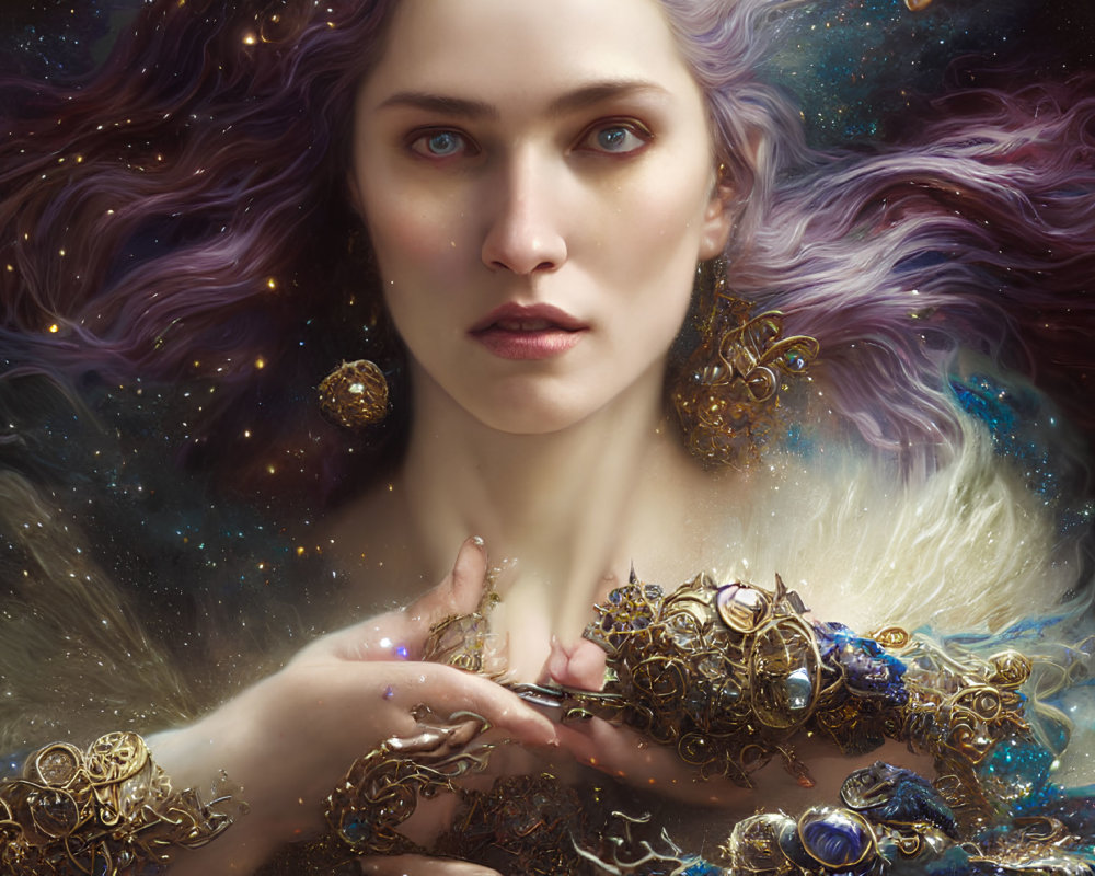 Ethereal woman portrait with cosmic hair and golden jewelry