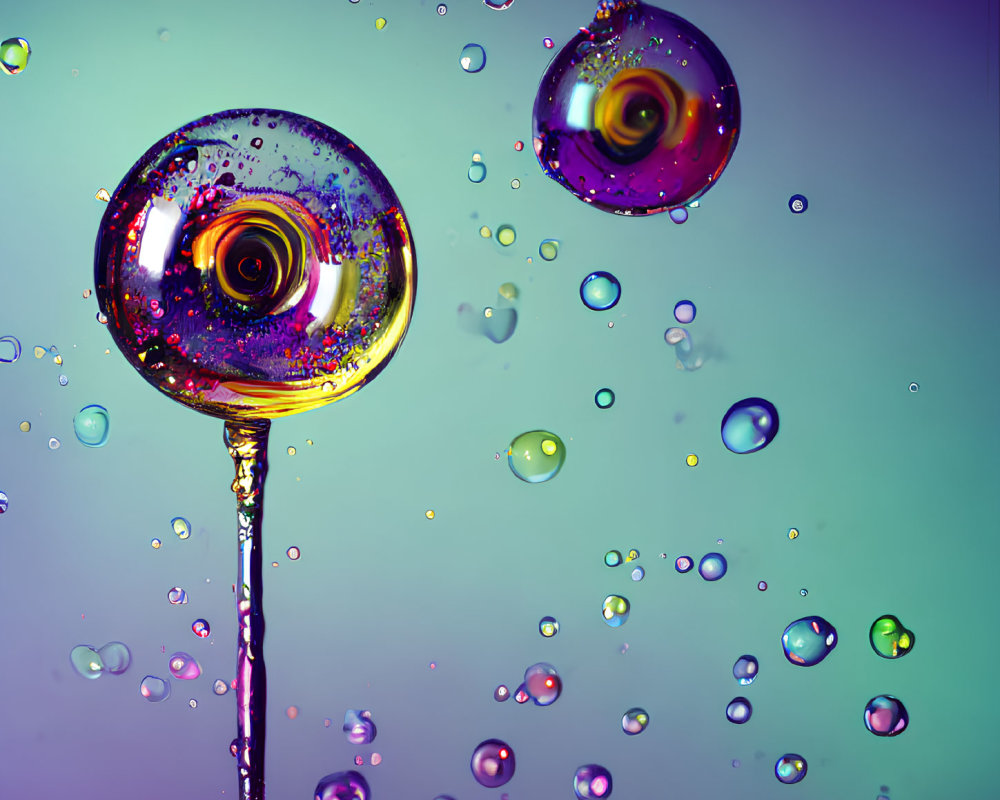 Vibrant water droplets with swirling lollipops on gradient backdrop