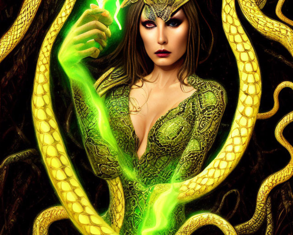 Mystical woman with serpentine attributes holds glowing green orb amid yellow snakes on dark backdrop