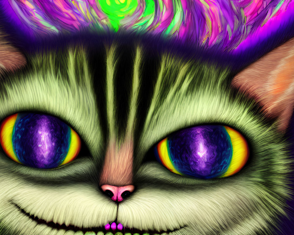 Colorful stylized cat with galaxy swirl eyes in close-up view