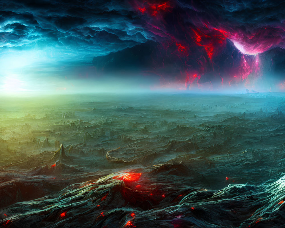 Alien landscape with luminous horizon and electric sky.