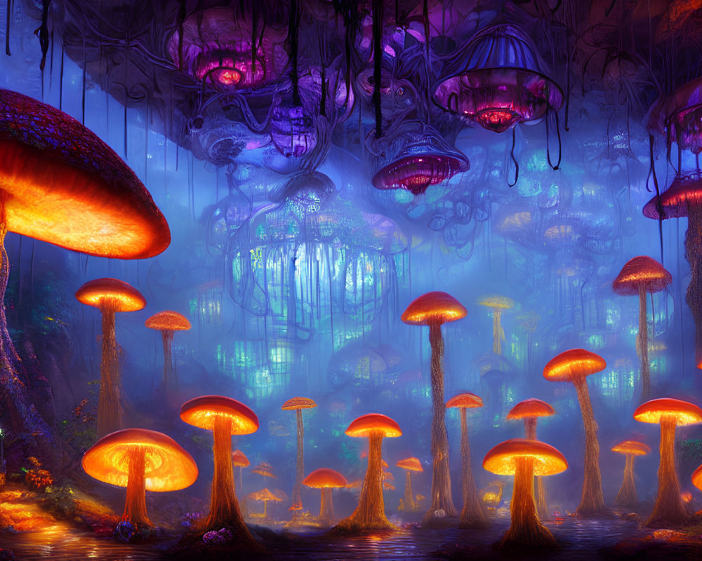 Enchanting forest with oversized mushrooms and floating jellyfish-like plants