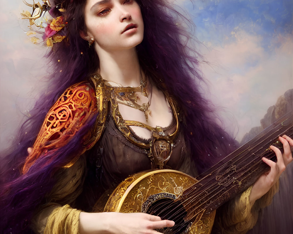 Purple-haired woman in armor playing lute under cloudy sky