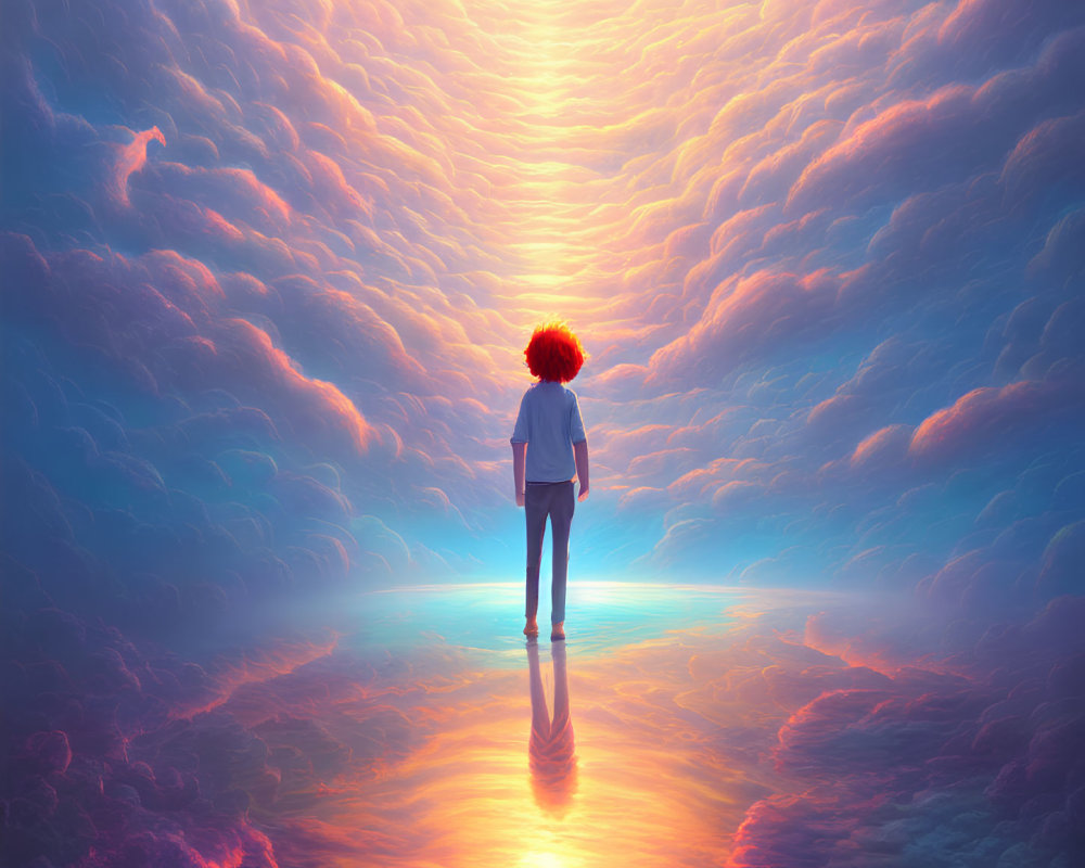 Vibrant red afro person under colorful sky with reflective clouds