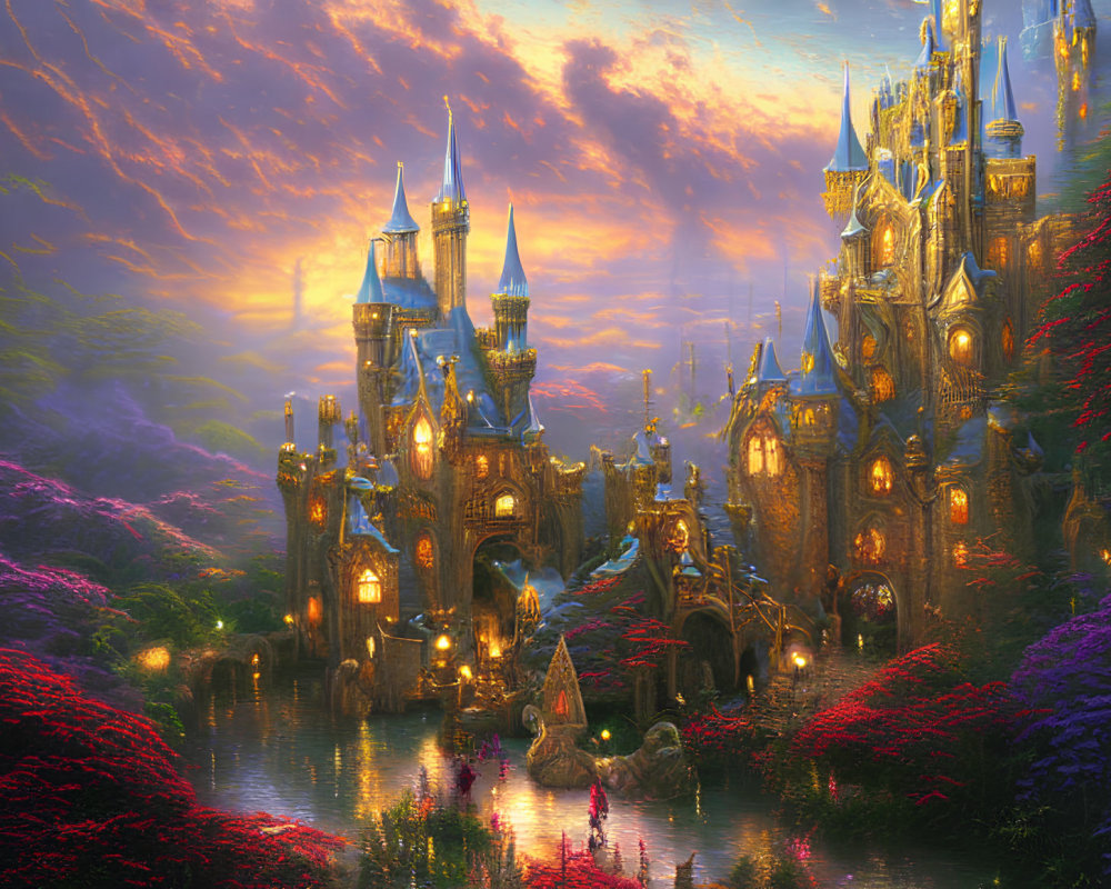 Fantasy castle surrounded by lush gardens and vibrant flora at sunset