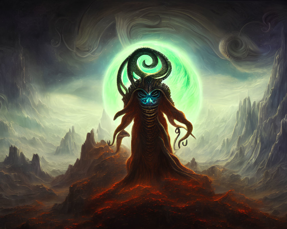 Mysterious tentacled creature with glowing symbols in dark landscape