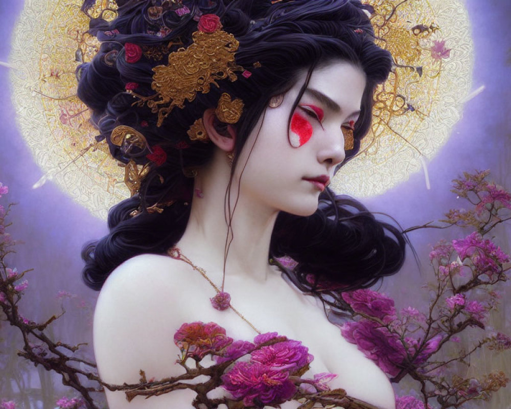 Illustrated woman with gold headwear and red cheek makeup in mystical purple flower setting