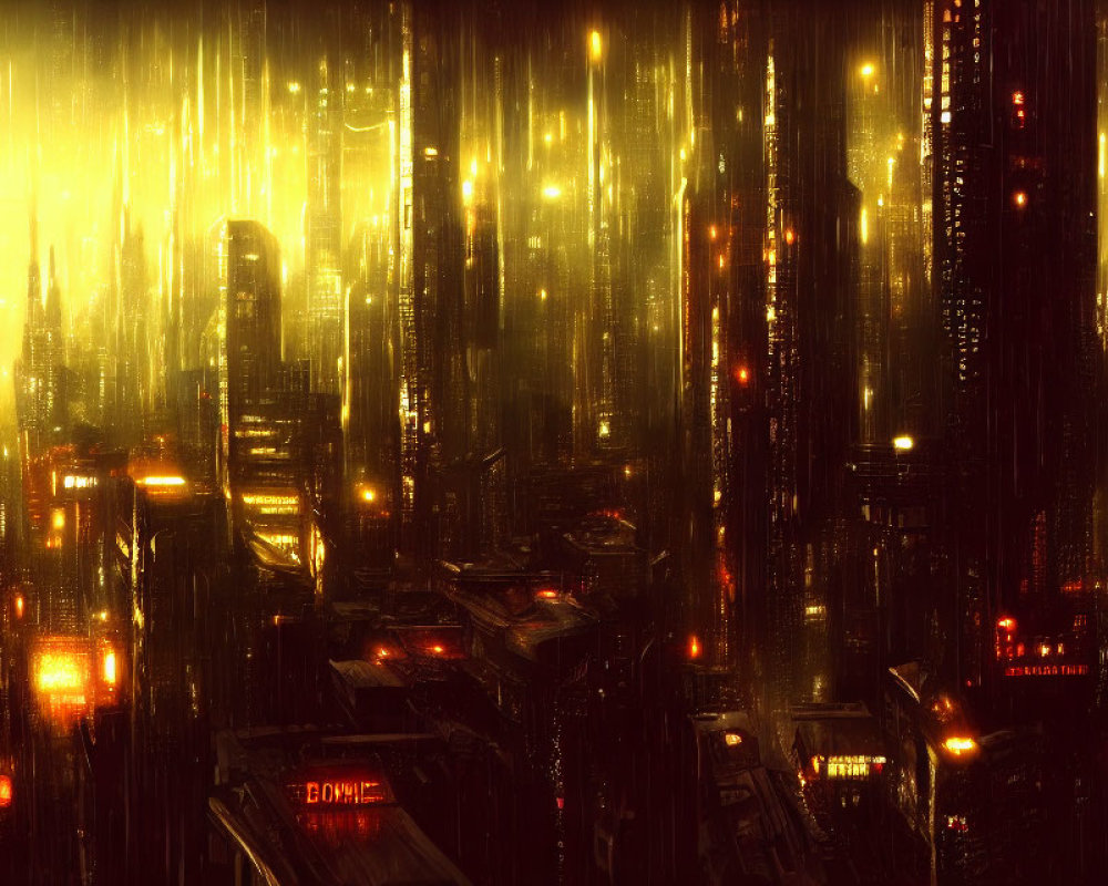 Futuristic night cityscape with rain and illuminated skyscrapers