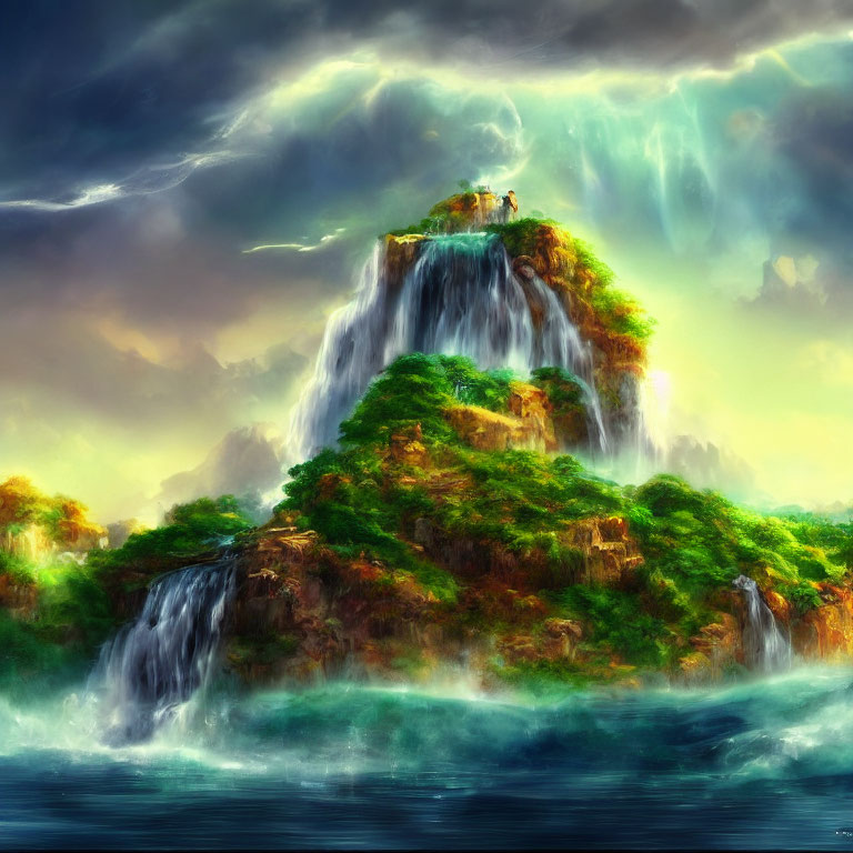 Lush Green Island with Waterfalls and Lightning Sky