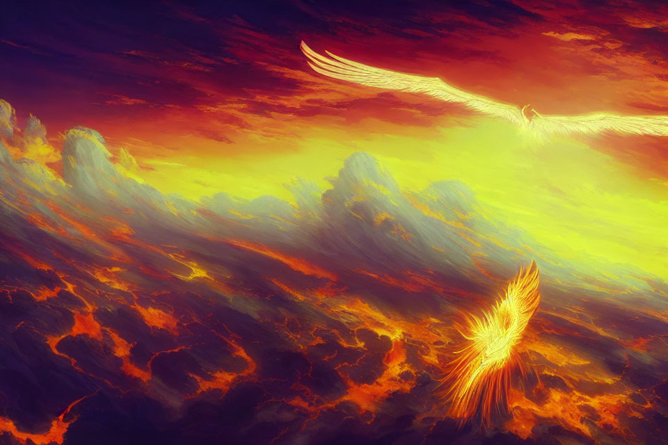 Fiery landscape with soaring phoenixes in vibrant colors