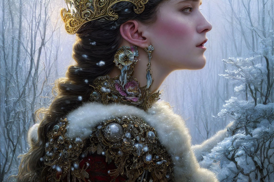 Regal woman in jeweled crown and fur-trimmed cloak in snowy landscape