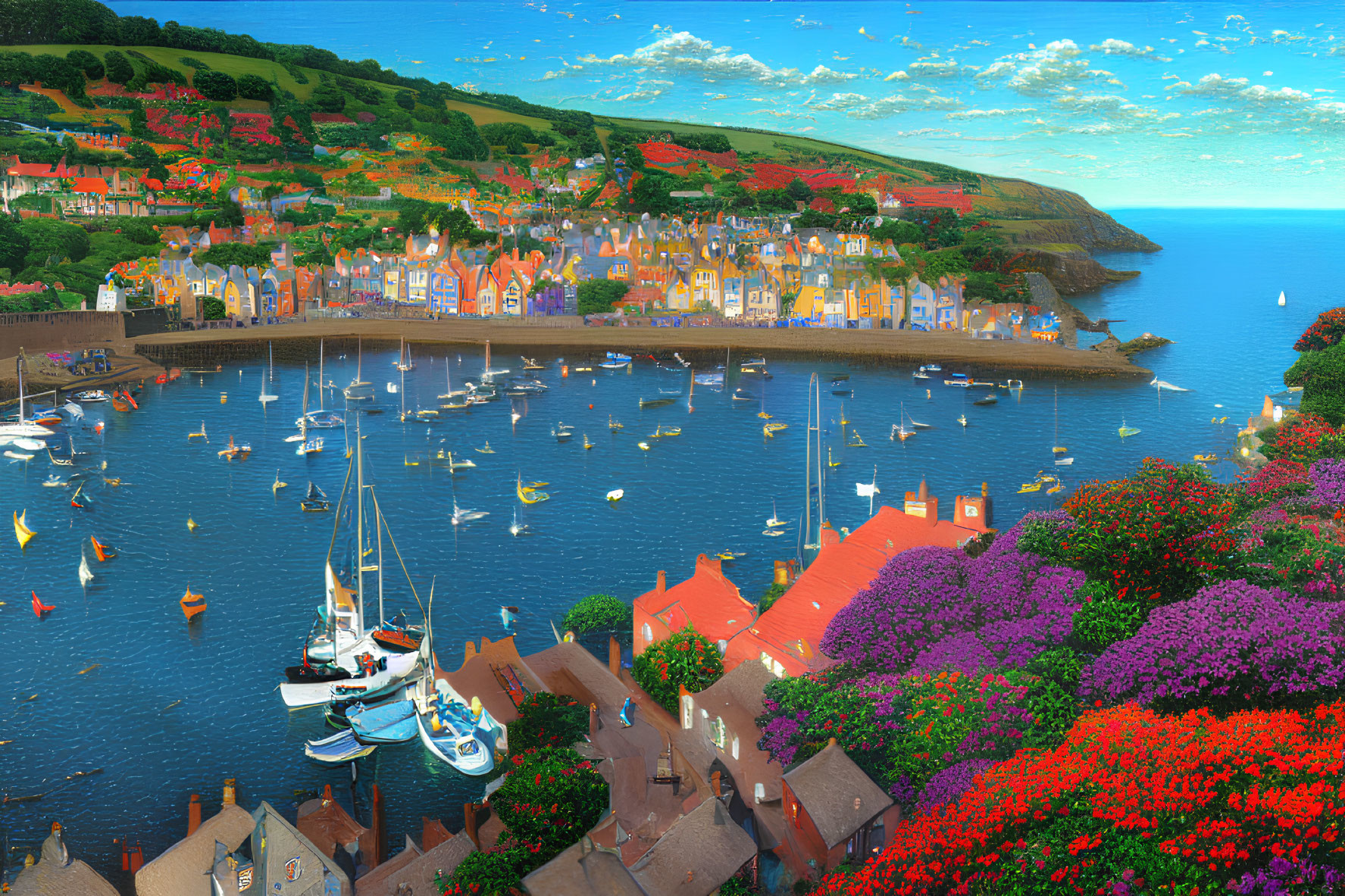 Vibrant Coastal Village with Boats, Greenery, and Flowers