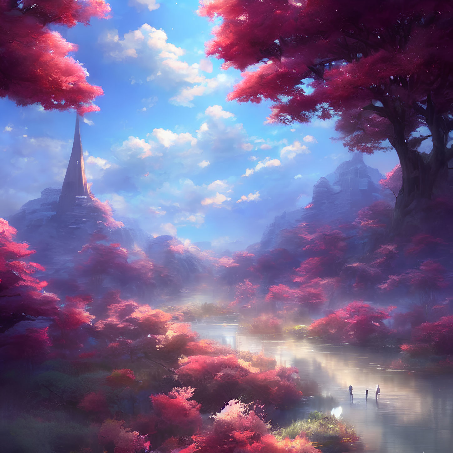 Mystical landscape with pink trees, river, mountains, and spire in misty setting.