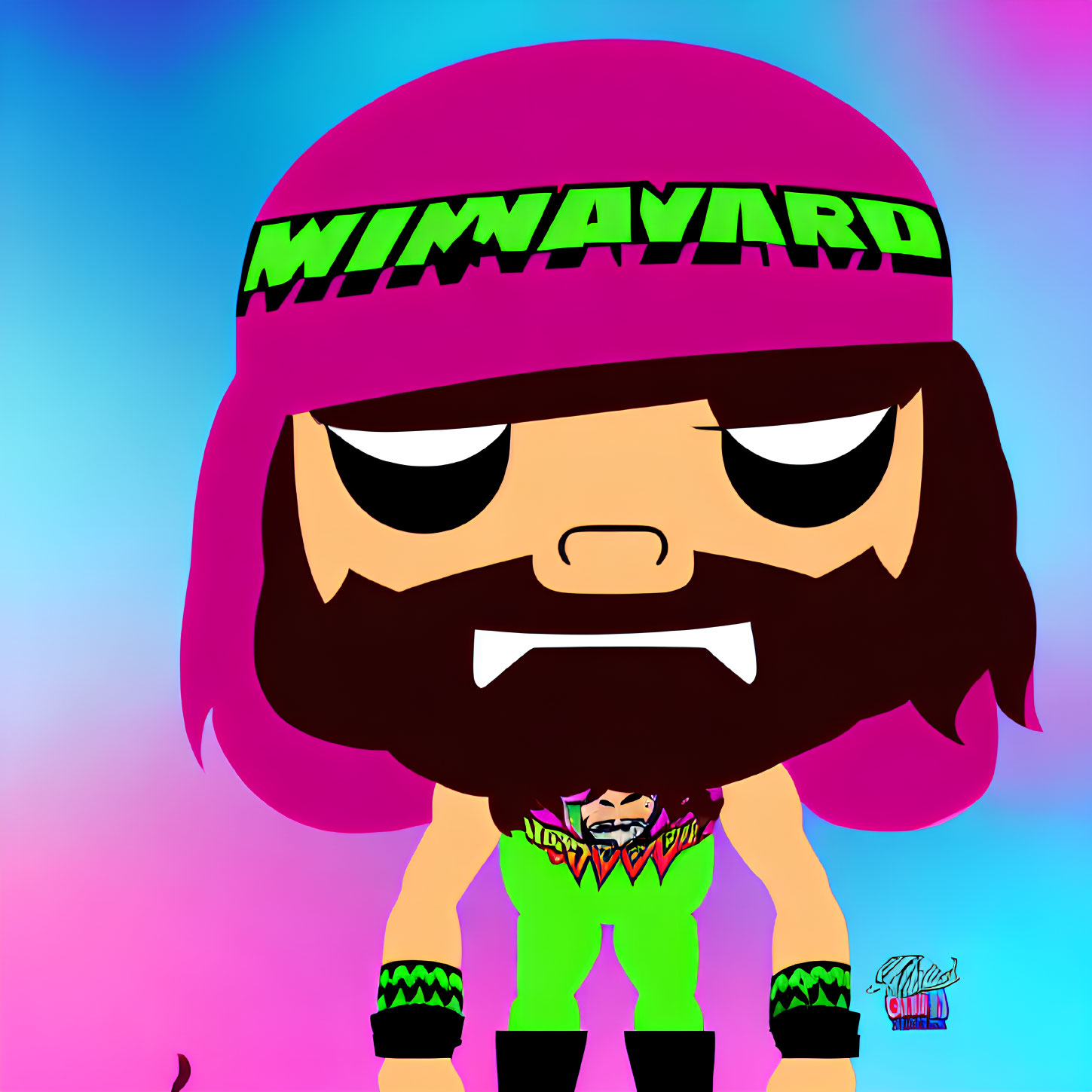 Colorful cartoon character with grumpy expression, pink headband, brown beard, green wristbands,