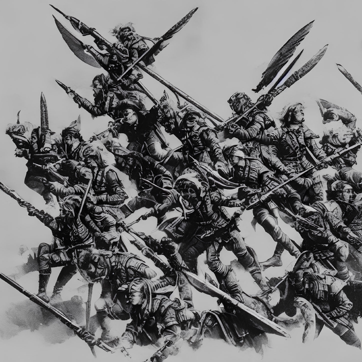 Monochrome illustration of medieval warriors in battle scene