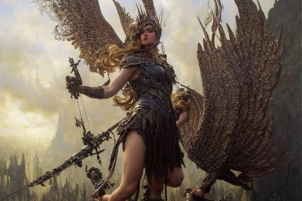 Fantasy warrior woman with mechanical wings holding a bow and arrow