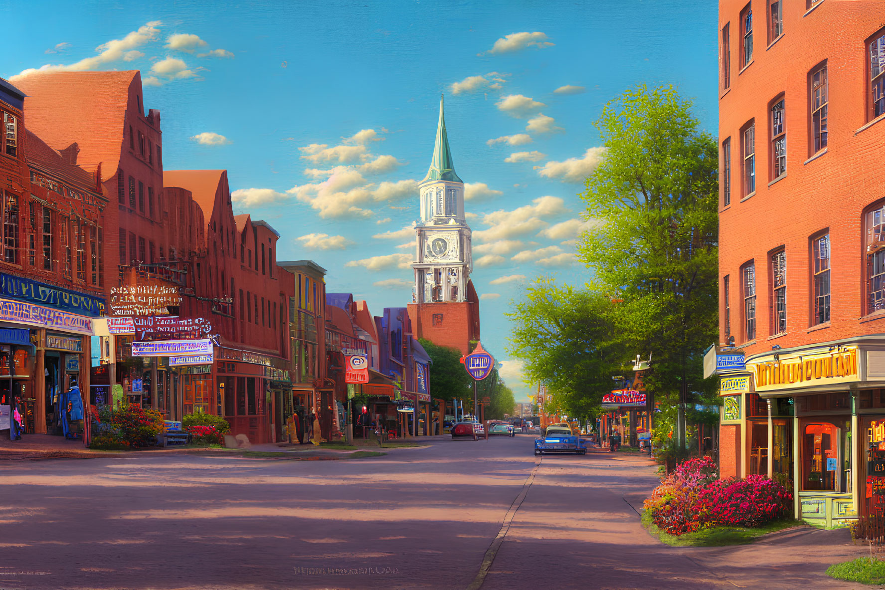 Lively street scene with red brick buildings and church spire