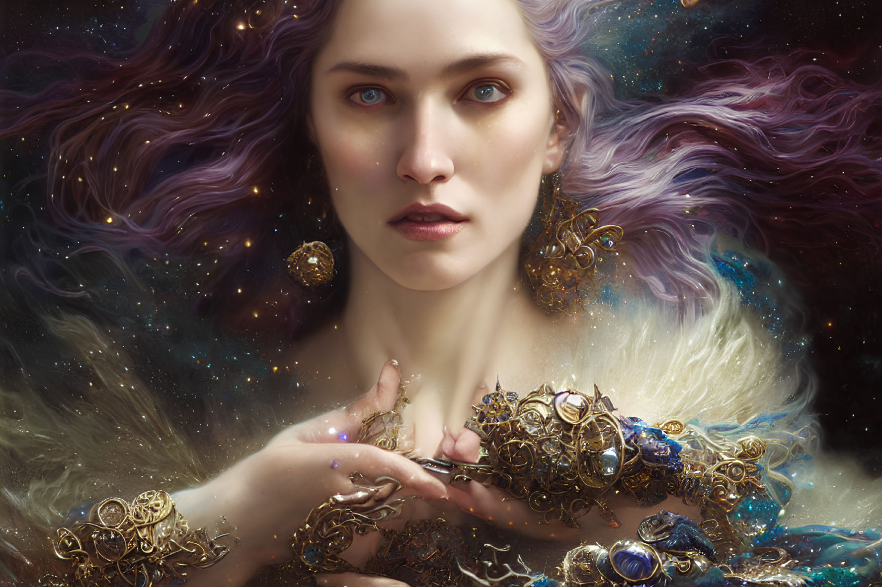 Ethereal woman portrait with cosmic hair and golden jewelry