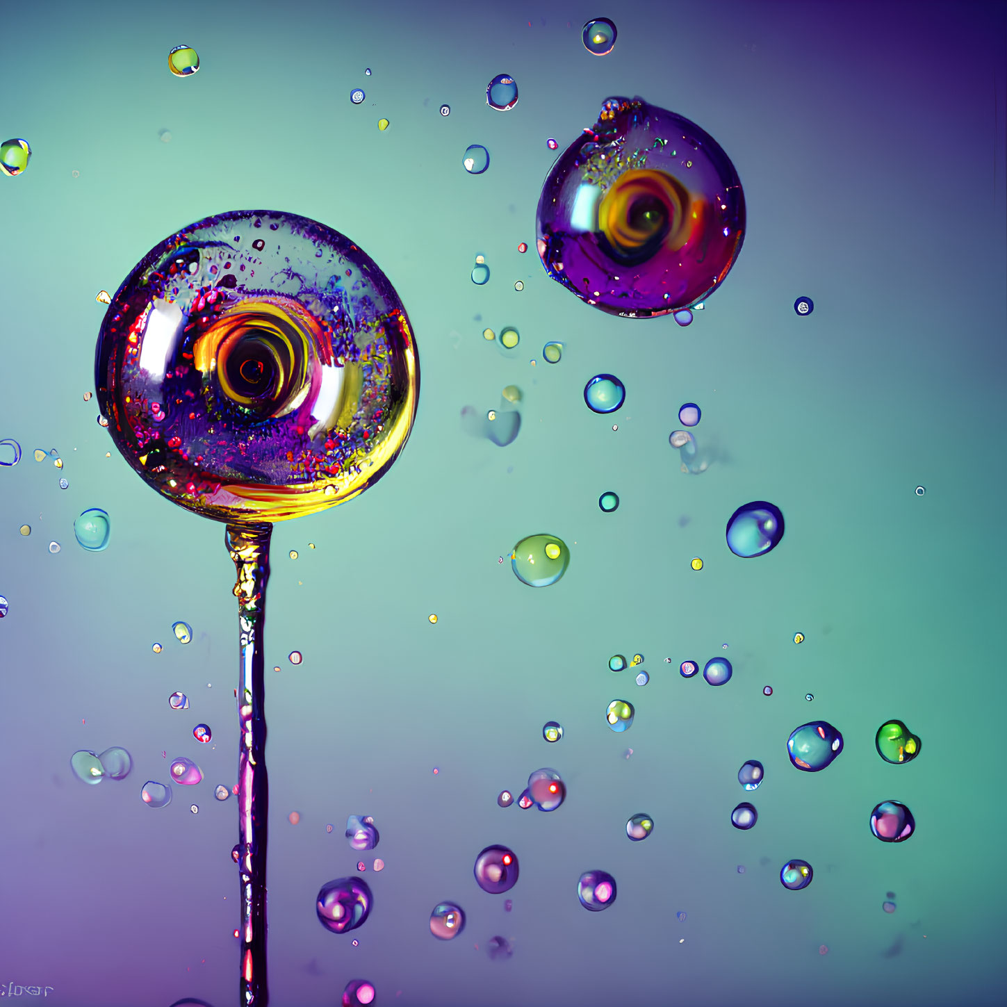 Vibrant water droplets with swirling lollipops on gradient backdrop