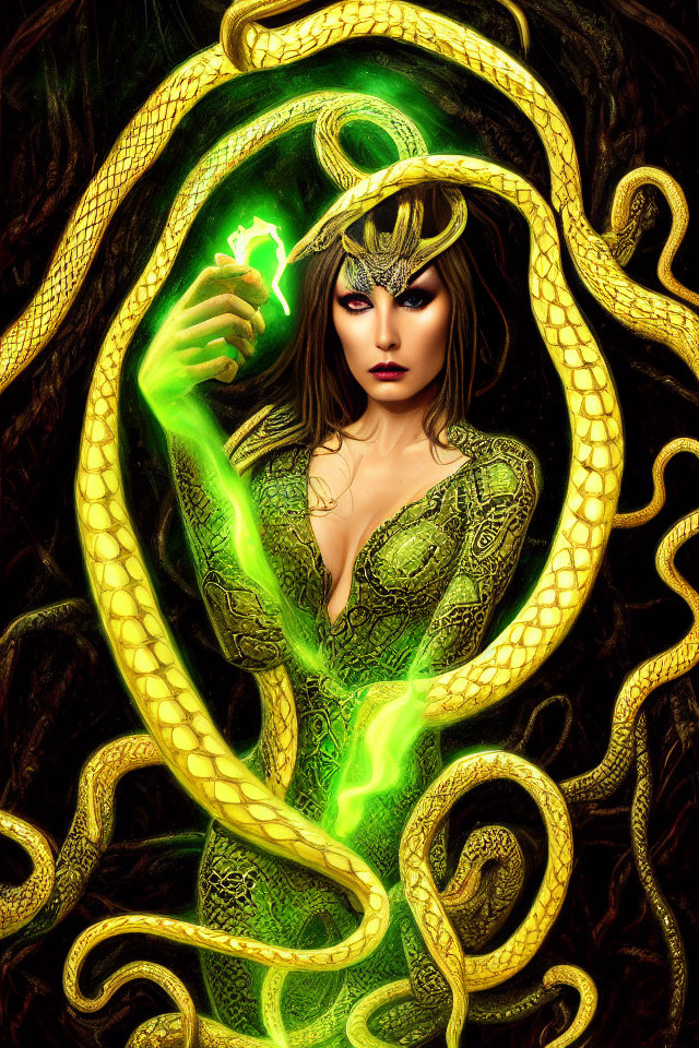 Mystical woman with serpentine attributes holds glowing green orb amid yellow snakes on dark backdrop