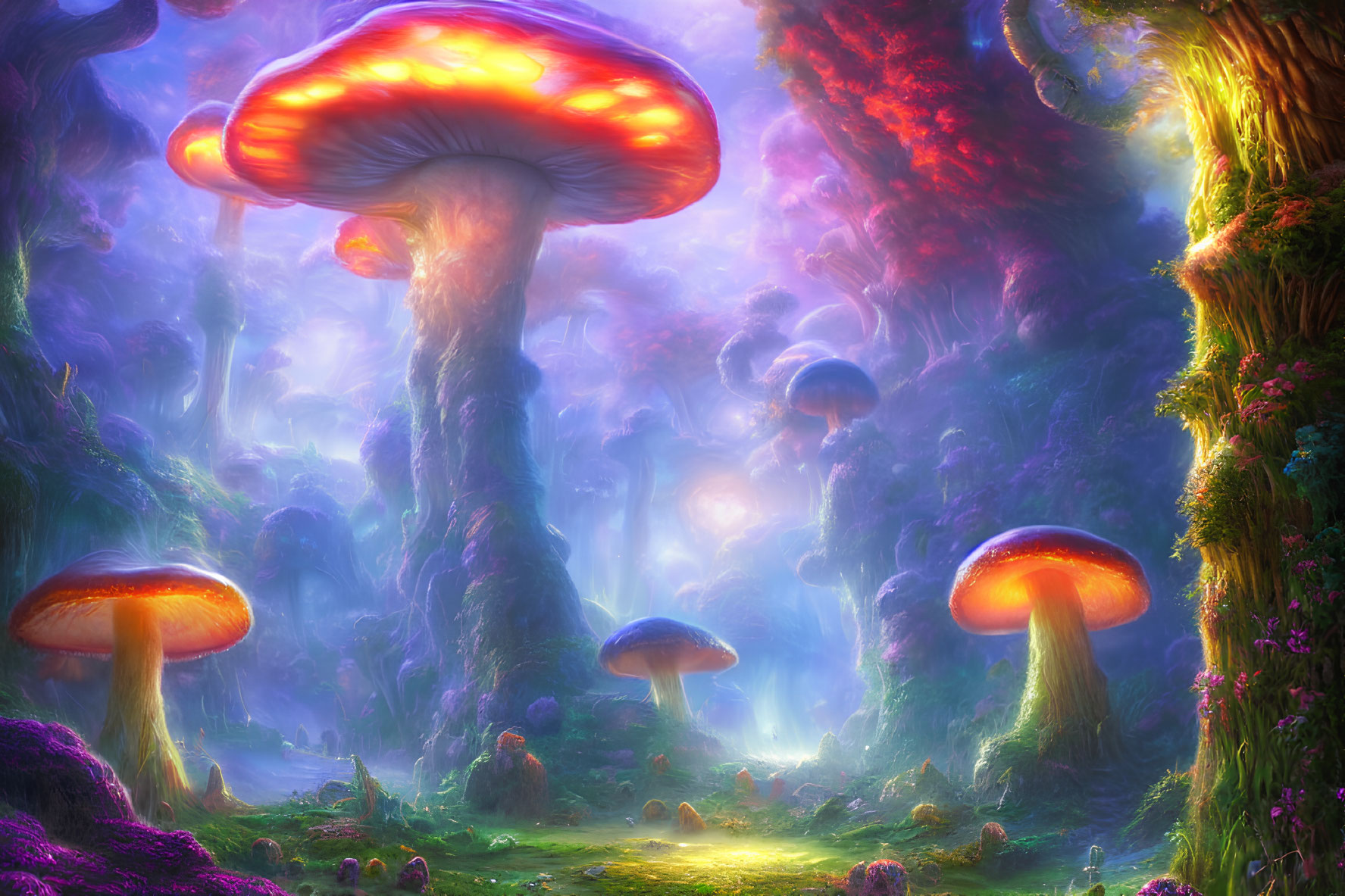 Enchanting fantasy forest with oversized glowing mushrooms under colorful sky