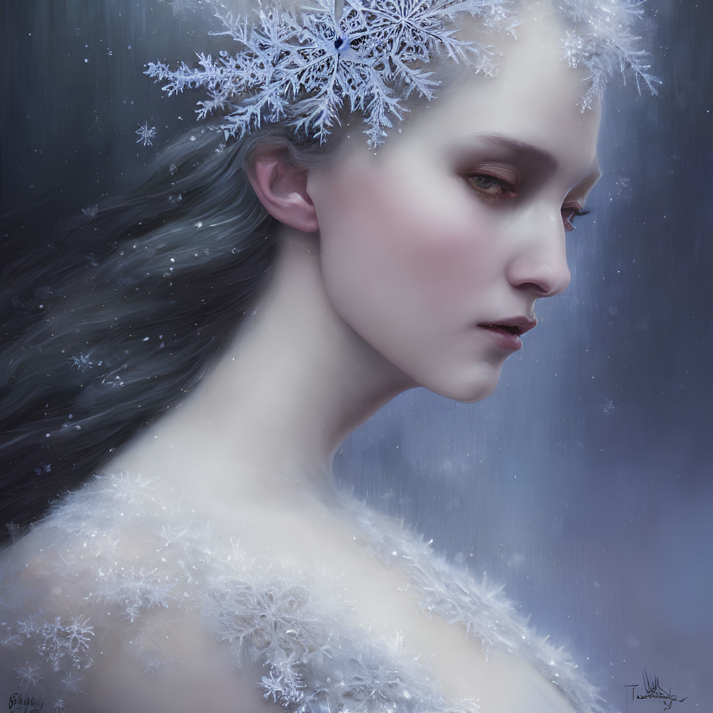 Woman portrait with snowflake adornments on frosty blue background