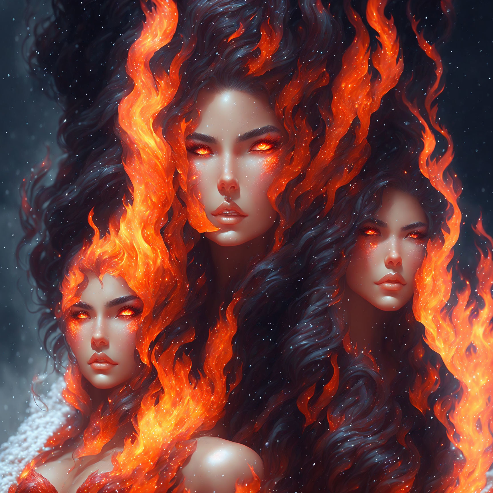 Fiery-haired mystical women in snowy setting