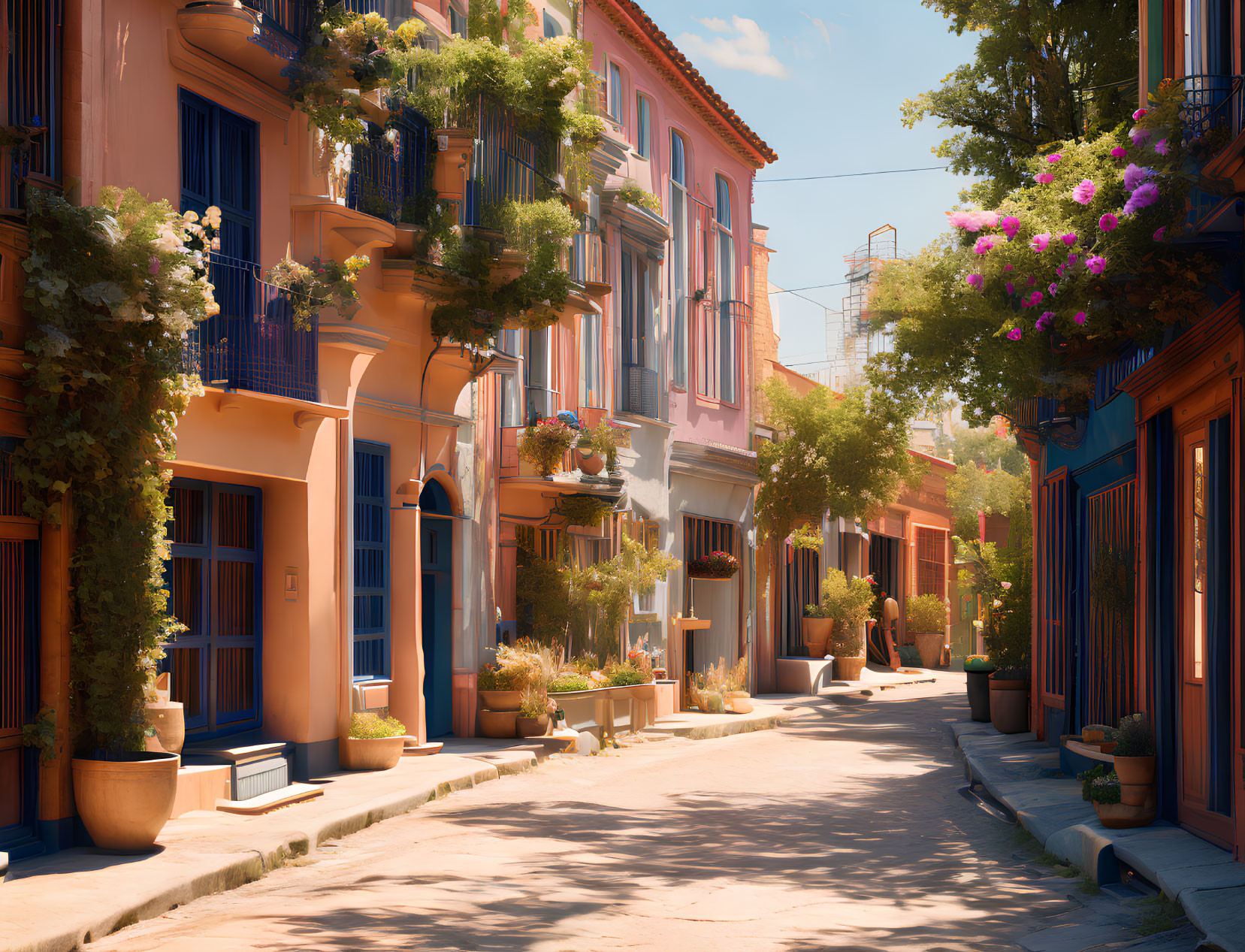 Vibrant Orange and Blue Houses on a Picturesque Street