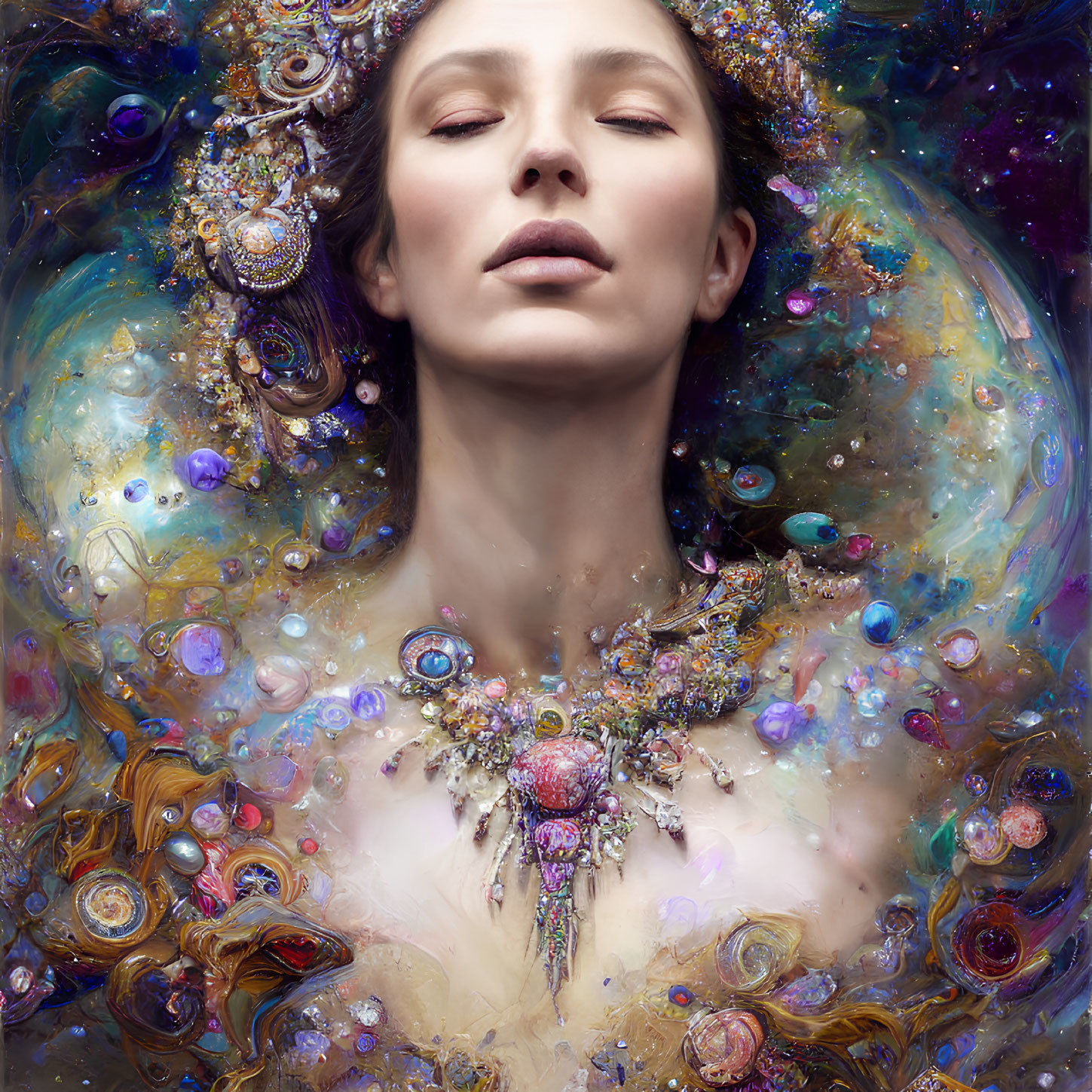 Cosmic-inspired woman surrounded by swirl of colors and jewels