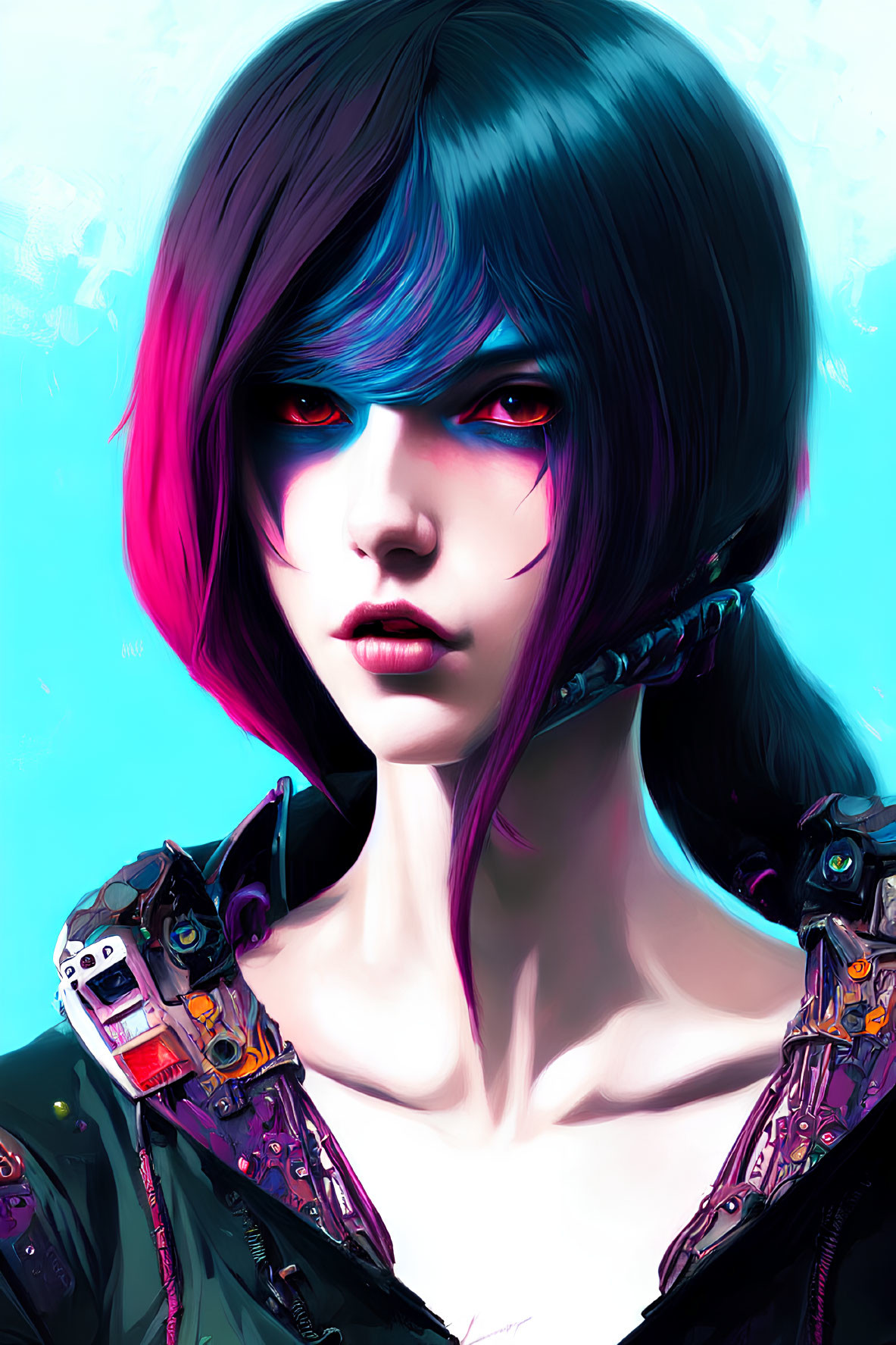 Illustrated cyberpunk character with blue and pink haircut and red eyes