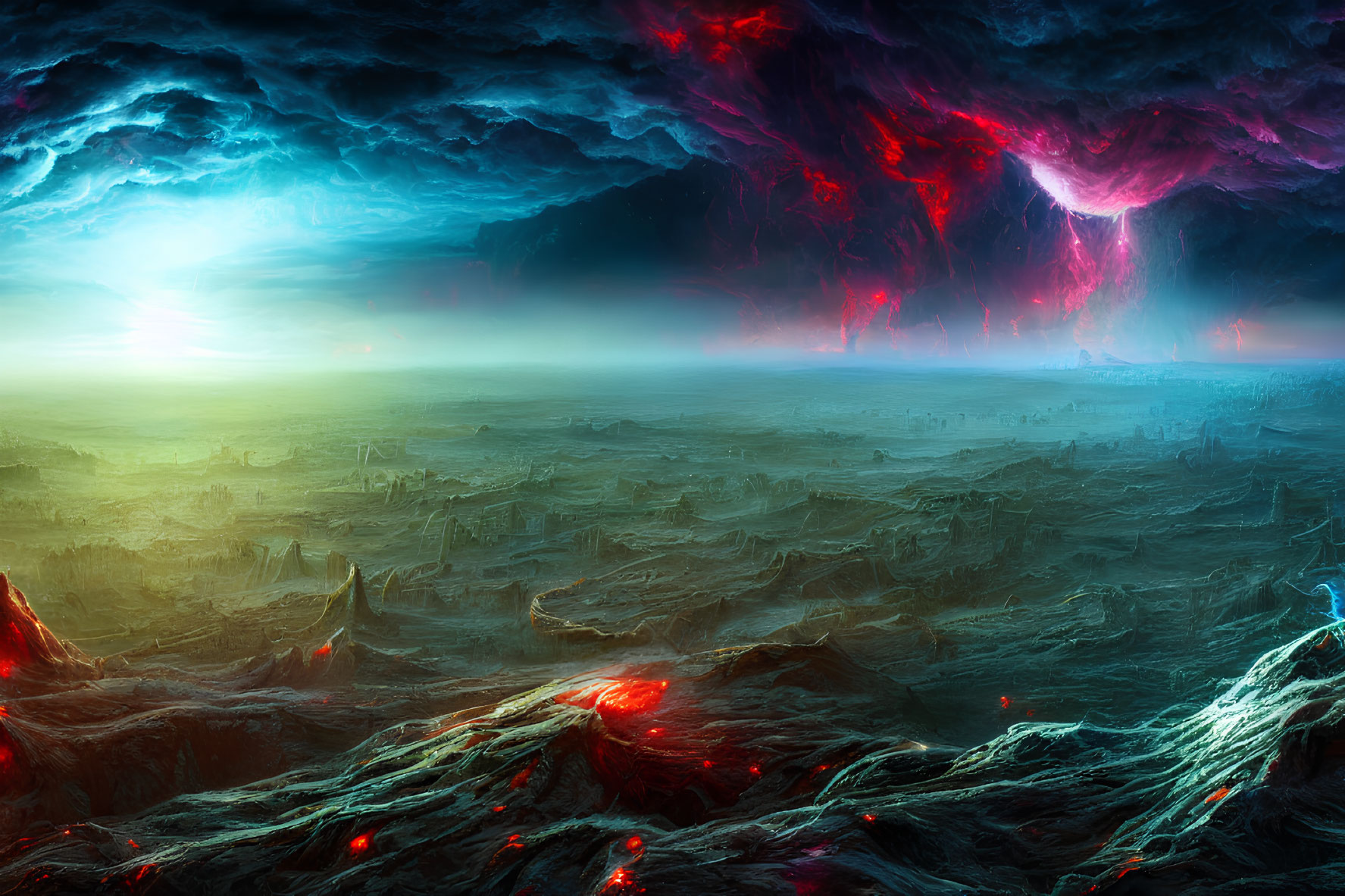 Alien landscape with luminous horizon and electric sky.